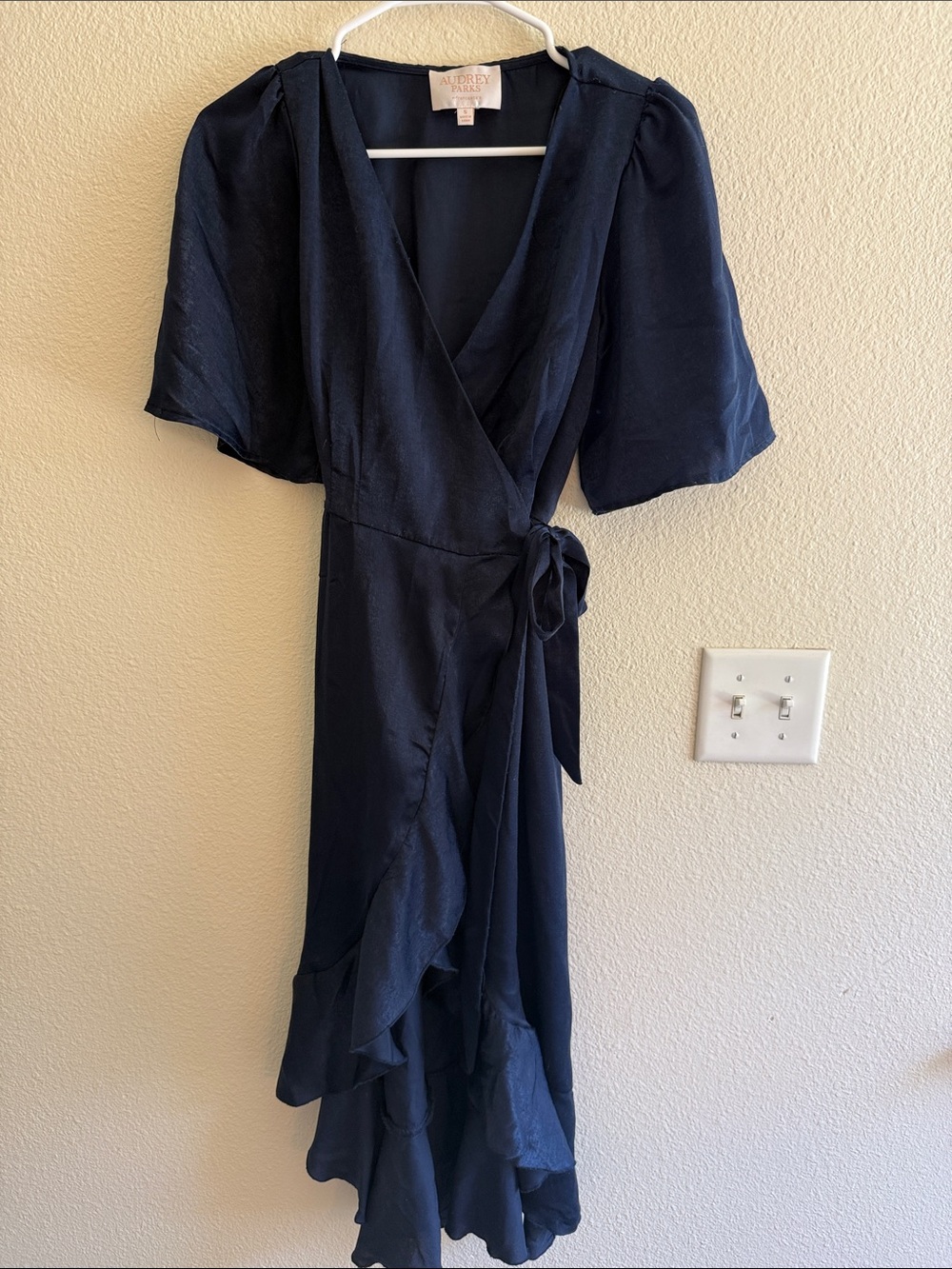 Audrey Navy Wrap High-Low Dress with Ruffle Trim